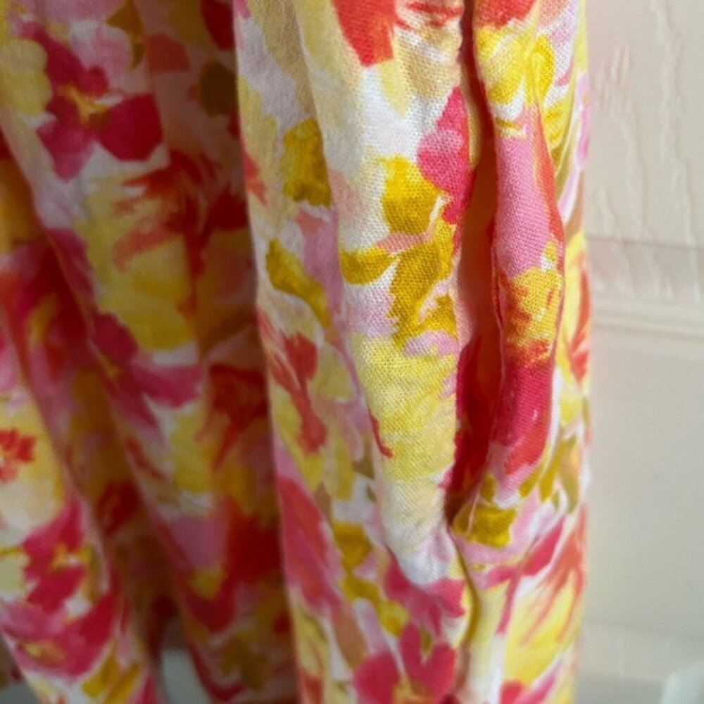 Old Navy Sz Small Yellow Pink Floral Mini Dress Tie Straps Linen Blend Pockets - Picture 12 of 15